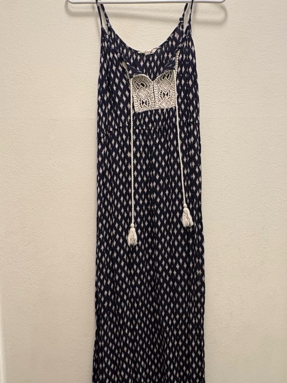 Blush Navy and Cream Printed Maxi with Crochet Detail